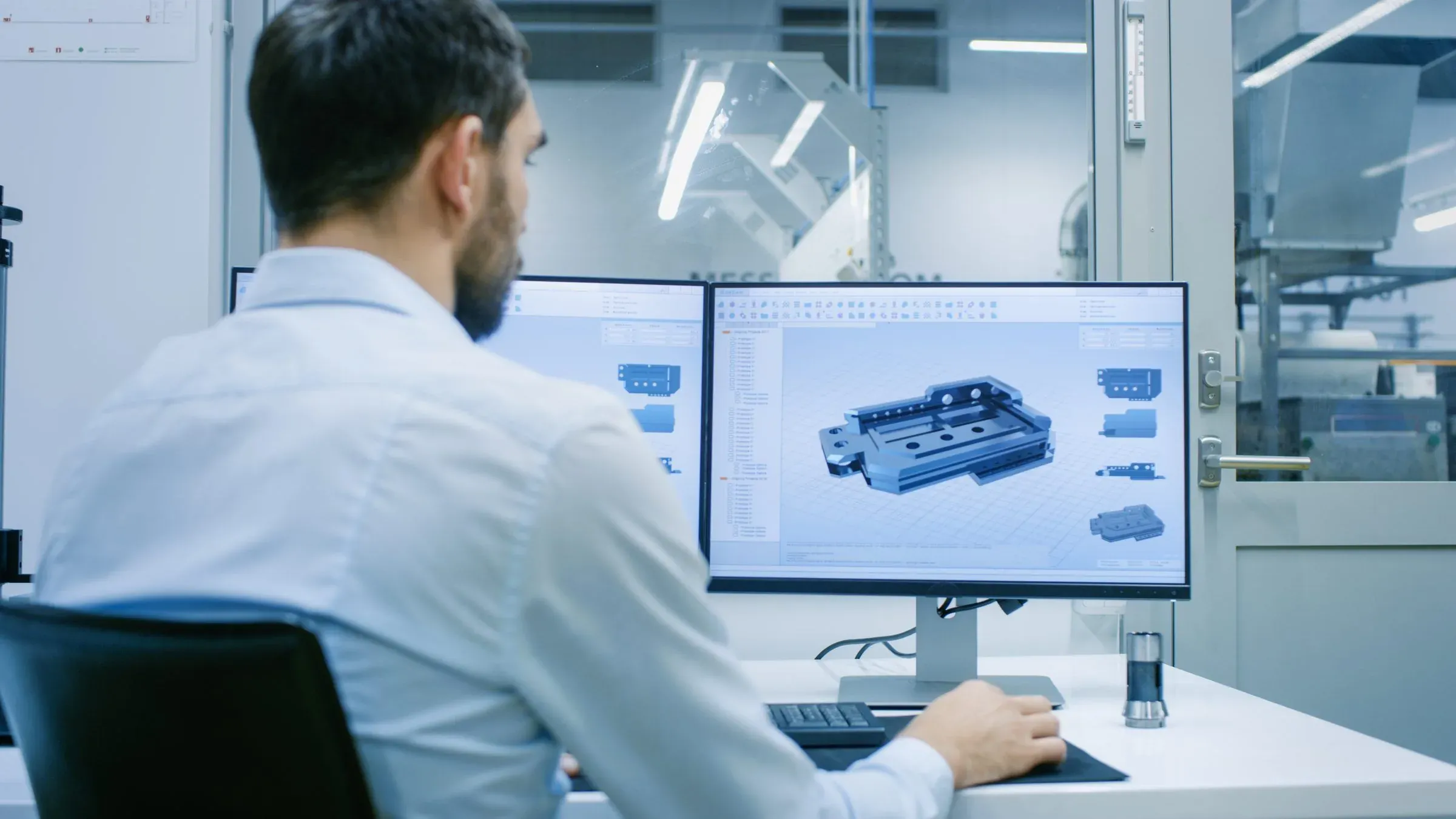 An engineer viewed from behind, studying a 3D model of a machined part on dual monitors in a design office.